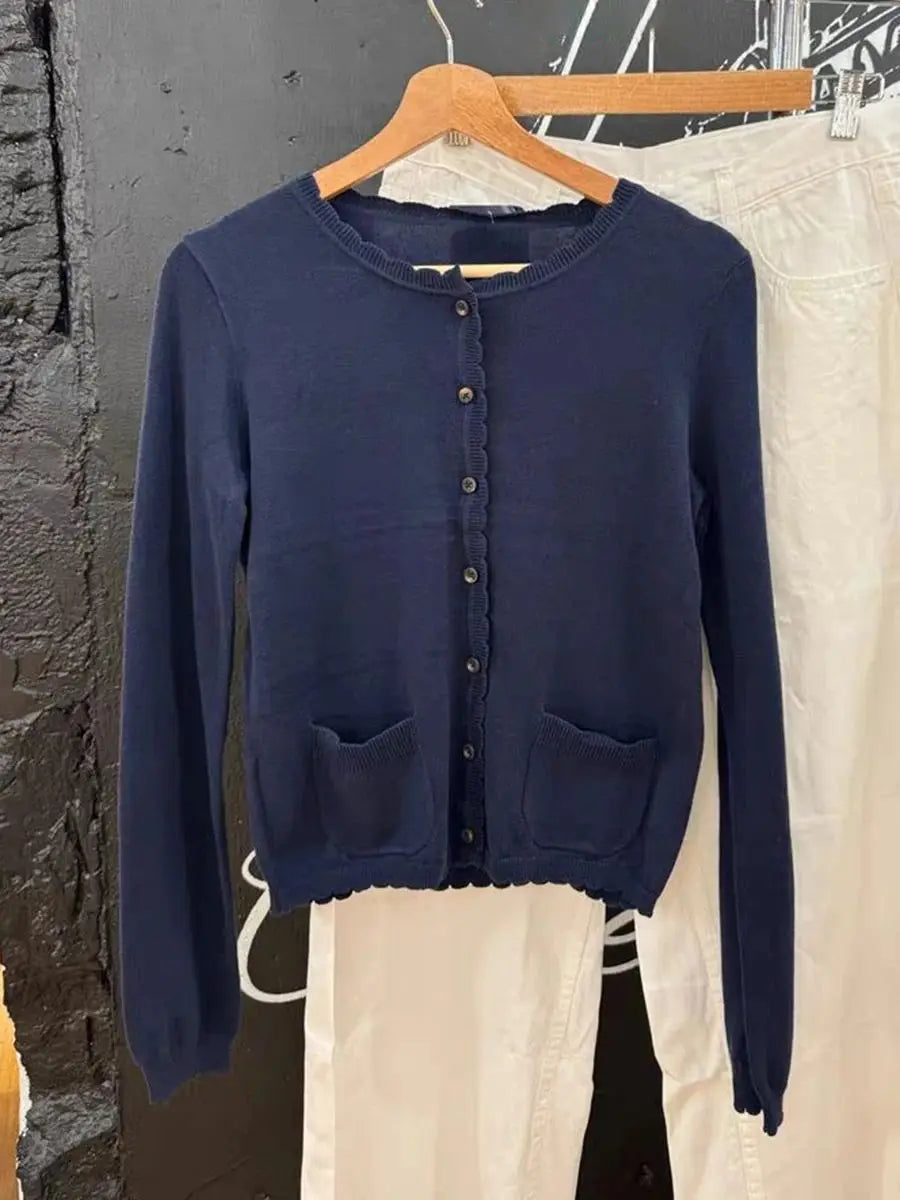 Gray Pockets Knitted Sweater Cardigan Women Autumn Cotton Round Neck Long Sleeve Sweaters Sweet Preppy Style Knitwear Y2K Tops