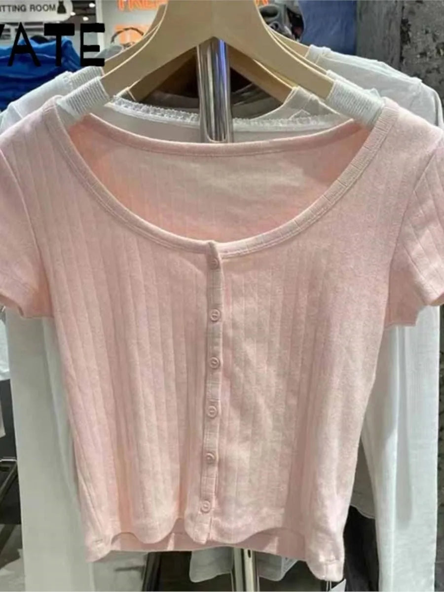 Sweet Pink Eyelet Slim Short Sleeve Tees Women Summer Basic Cotton Buttons Streetwear Crop Tops Vintage Cute Chic T-shirts Y2K