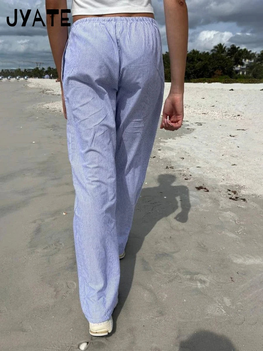 Fashion Blue Striped Drawstring Straight Sport Pants Women New Chic Elastic High Waist Long Pant Casual Sweet Loose Trousers Y2K