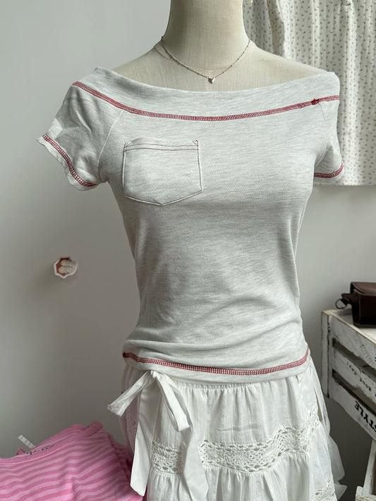 Slash Neck Short Raglan Sleeve Tee Shirts Women Summer Casual Slim Quilted Pocket Cotton Tshirts Sweet Preppy Style T-shirt Y2K
