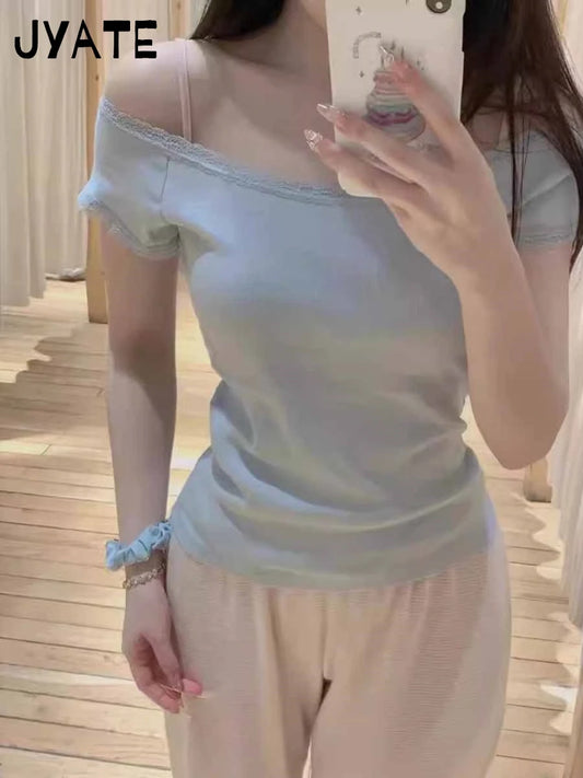 Blue Lace Trim Slim Slash Neck T-shirts Female New Cotton Casual Simple Short Sleeve Tees Vintage Chic Sweet Tops Women Clothes