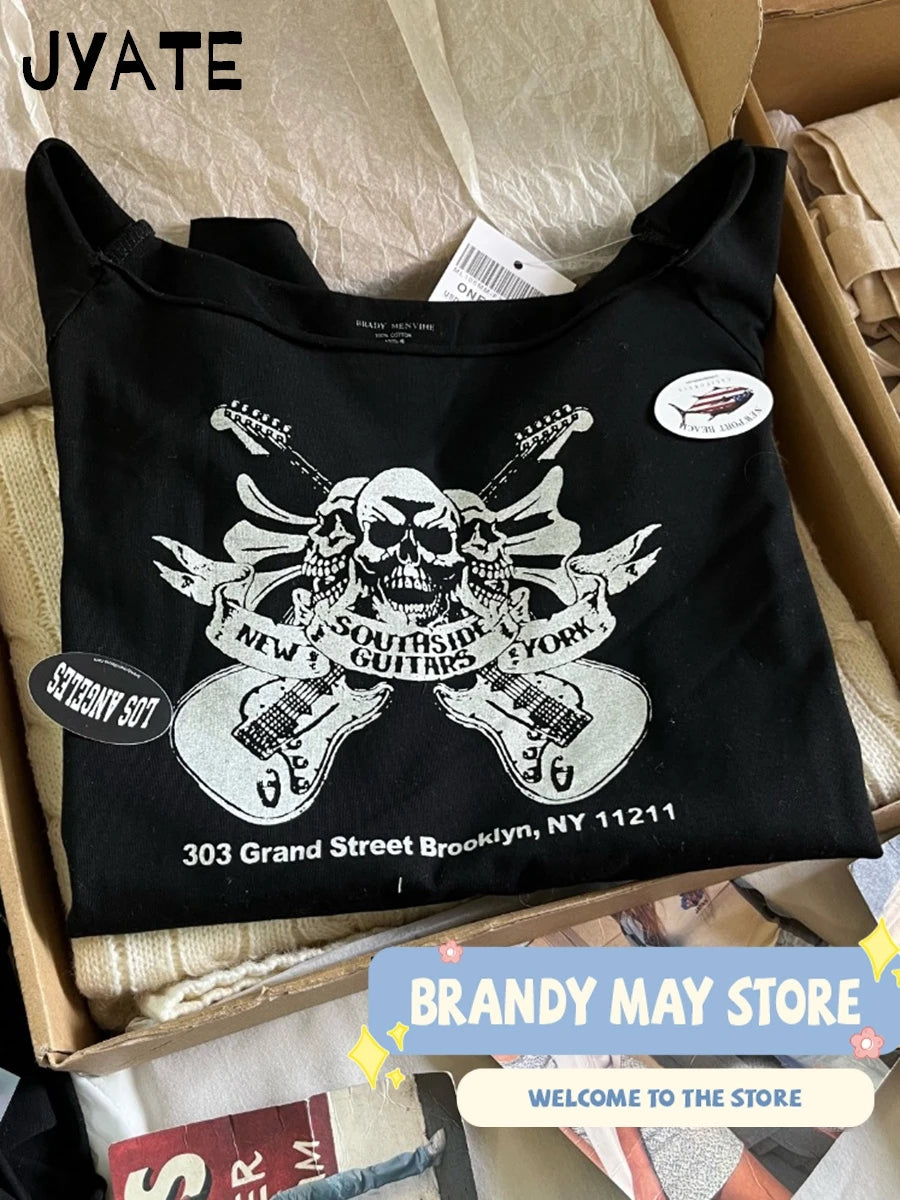 Harajuku Skull Print Long Sleeve Tees Women New Casual Slim Slash Neck Raw Hem Crop Tops Vintage Chic Streetwear T-shirts Y2K