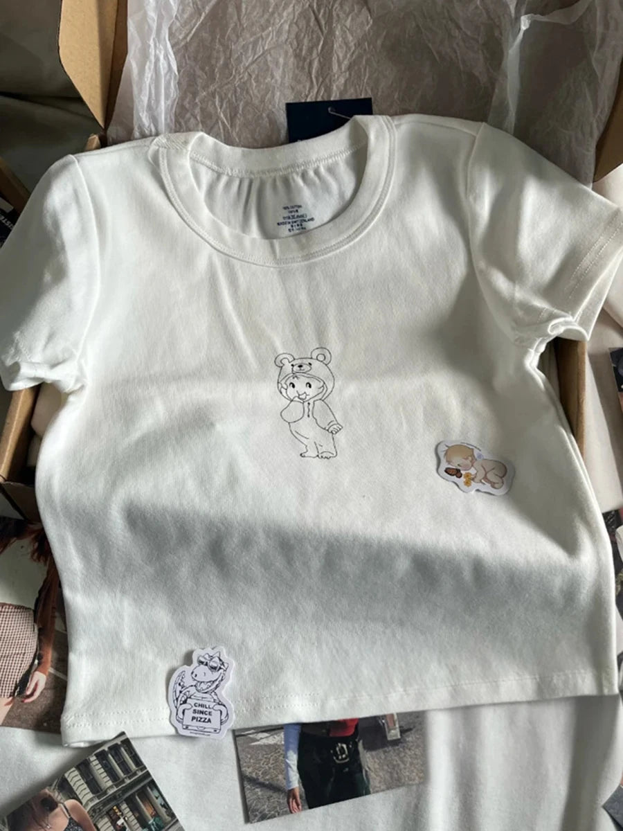 Cute Cartoon Angel Print White Crop Tops Women Casual Simple O-neck Slim Cotton Short Sleeve Tees Female Sweet Vintage Chic Y2K