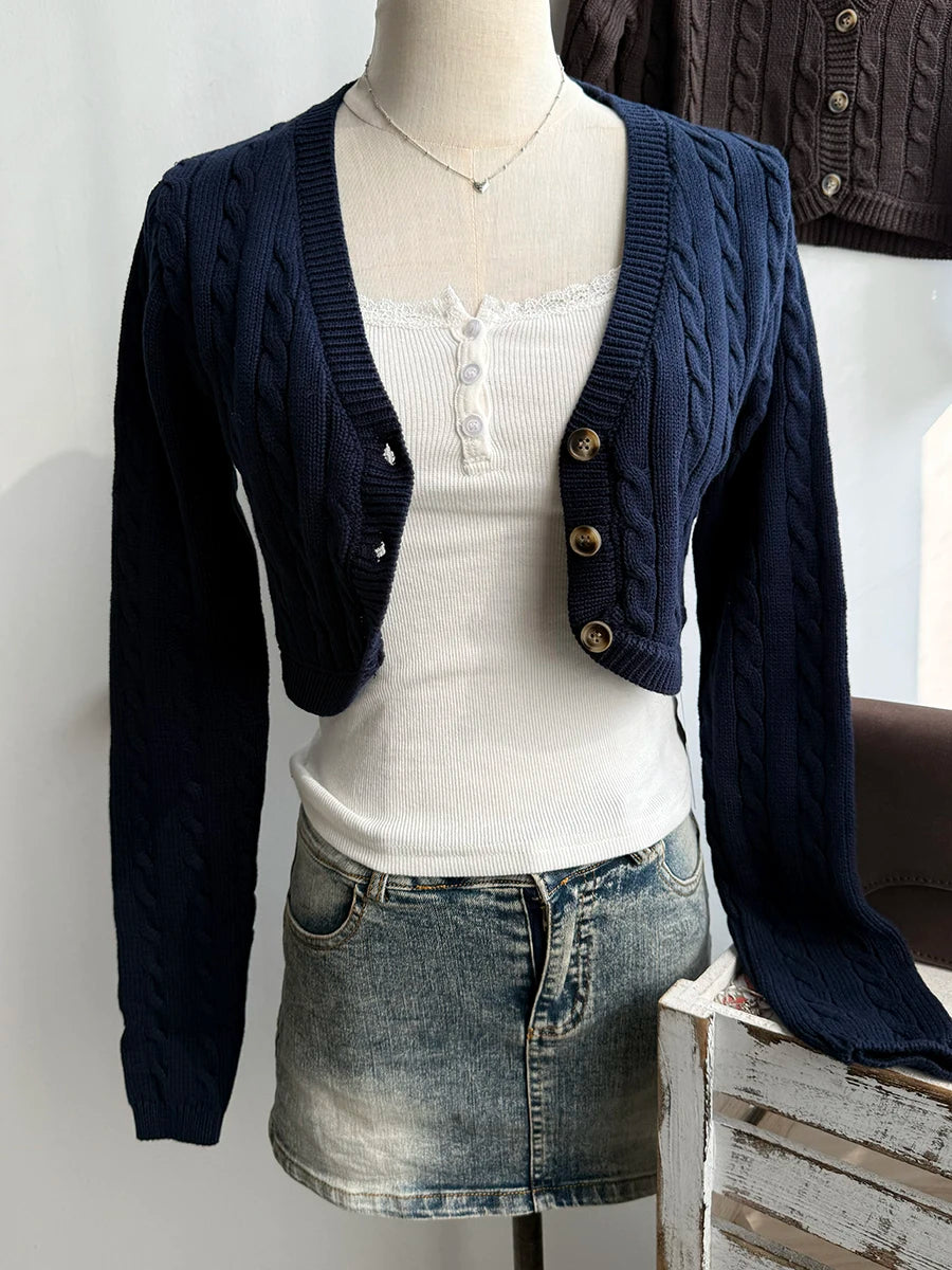Brown Cropped Knitwear Women Cotton Twisted Flower V-neck Long Sleeve Slim Crop Tops Sweater Vintage Chic Sweater Cardigan Y2K