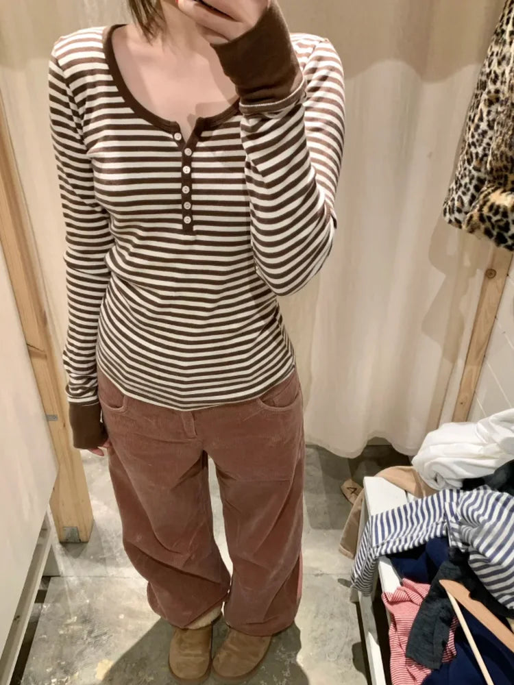 Brown Striped Long Sleeve Zelly Tops Women Casual Chic Cotton Buttons T-shirt Vintage Simple Preppy Style Slim Tshirt Y2K Tees