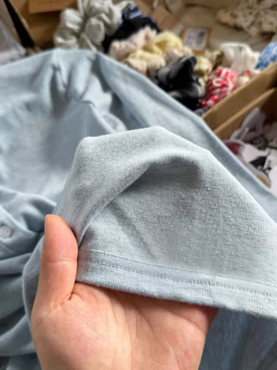 Blue Sweet Eyelet Knitted Long Sleeve Tees Women New Cotton Casual Slim Single Breasted Smock Tops Sweet Cute Basic T-shirts