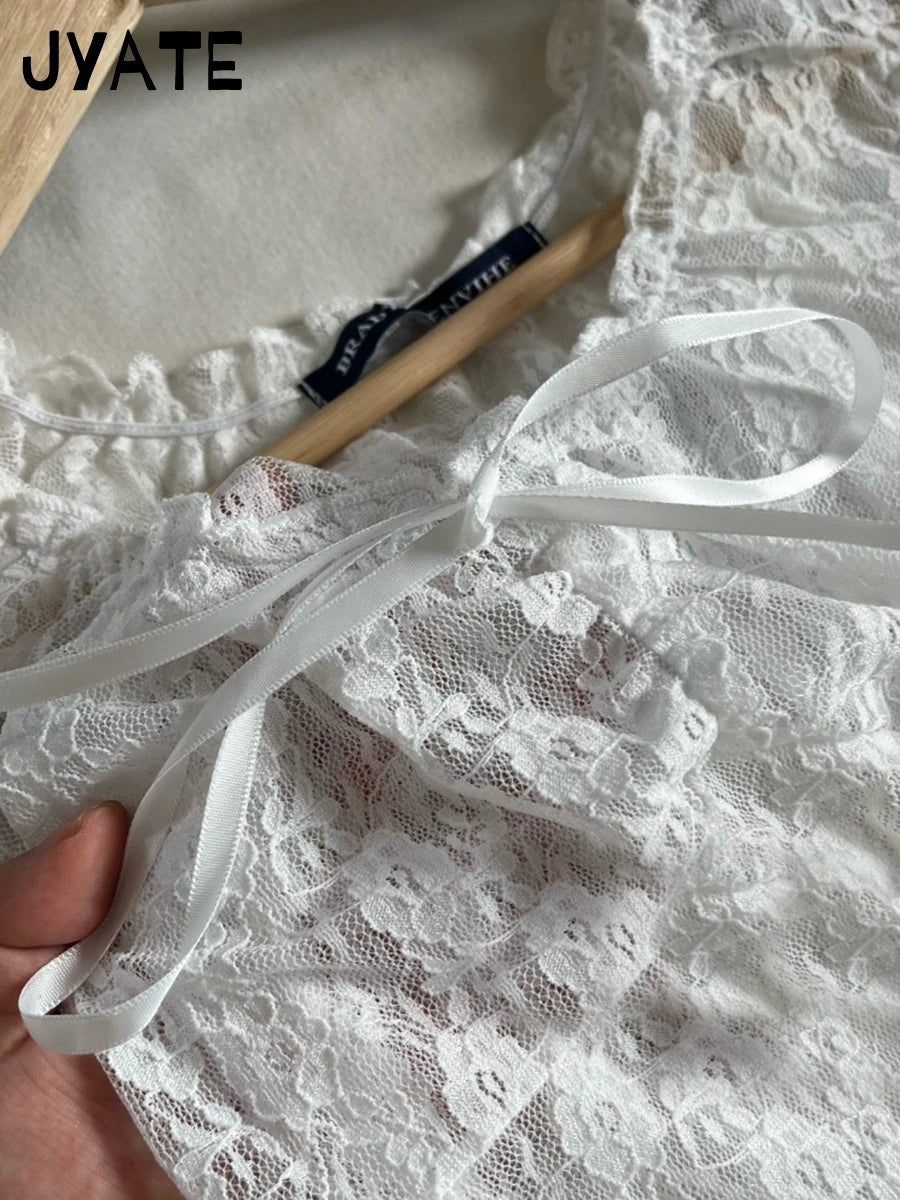 White Lace See Through Bow Sleeveless Vests Women Summer New Slim Casual V-neck Crop Tops FemaleSexy Vintage Sweet Tank Top Y2K