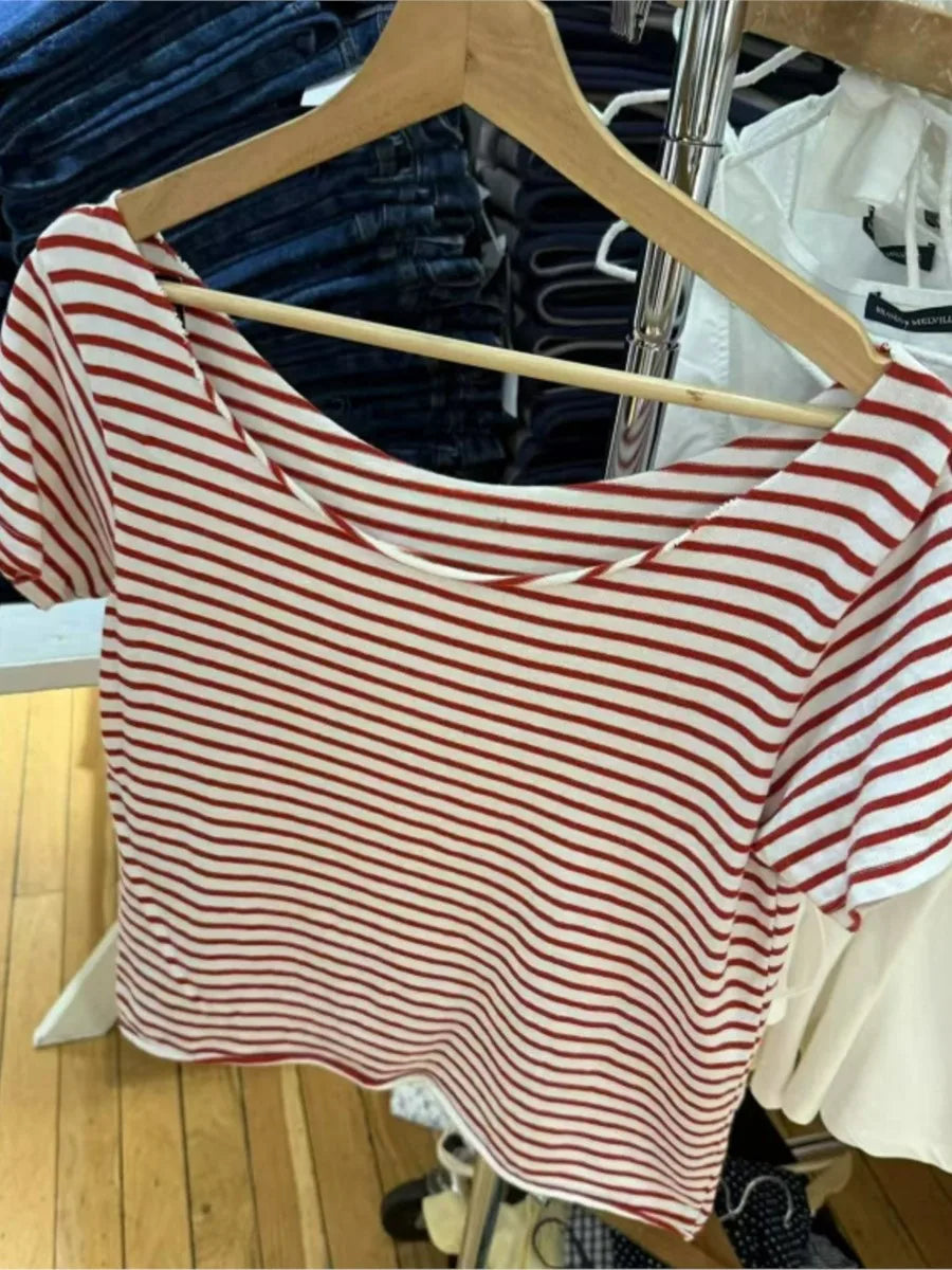 Red Striped Raw Hem Crop Tops Women Summer Sexy Slash Neck Slim Cotton Short Sleeve Tees Female Vintage Chic Sweet T-shirts New