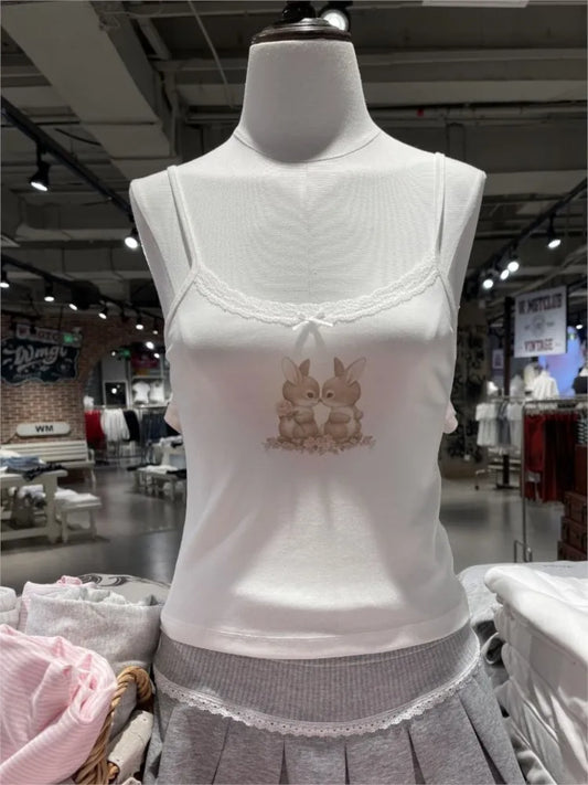 Rabbit Print Slim Tank Top Woman Summer Bow Lace Trim White Cotton Camisole Female Sweet Preppy Style Cute Crop Tops Vest