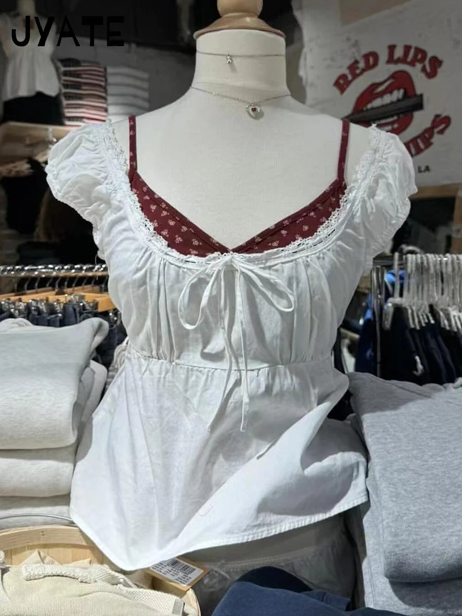 New Lace Trim Strap Cotton Short Sleeve Tees Female Casual Simple Sexy White Crew Neck Tops Clothes Sweet Cute Chic T-shirts Y2K