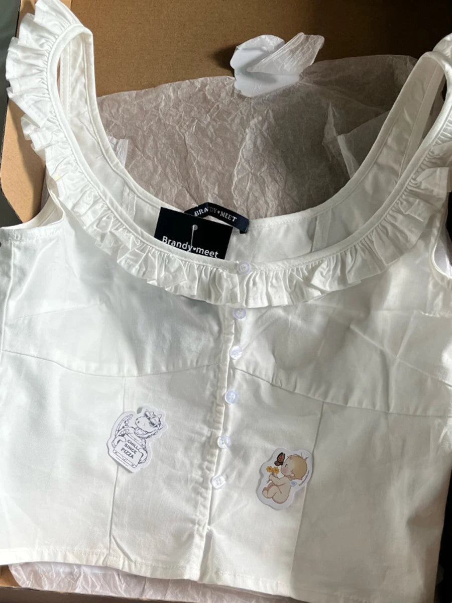 Sweet White Ruffles Buttons Crop Tops Women Summer Cotton Scoop Neck Preppy Short Sleeve Tee Vintage Chic Slim Cute T-shirts Y2K