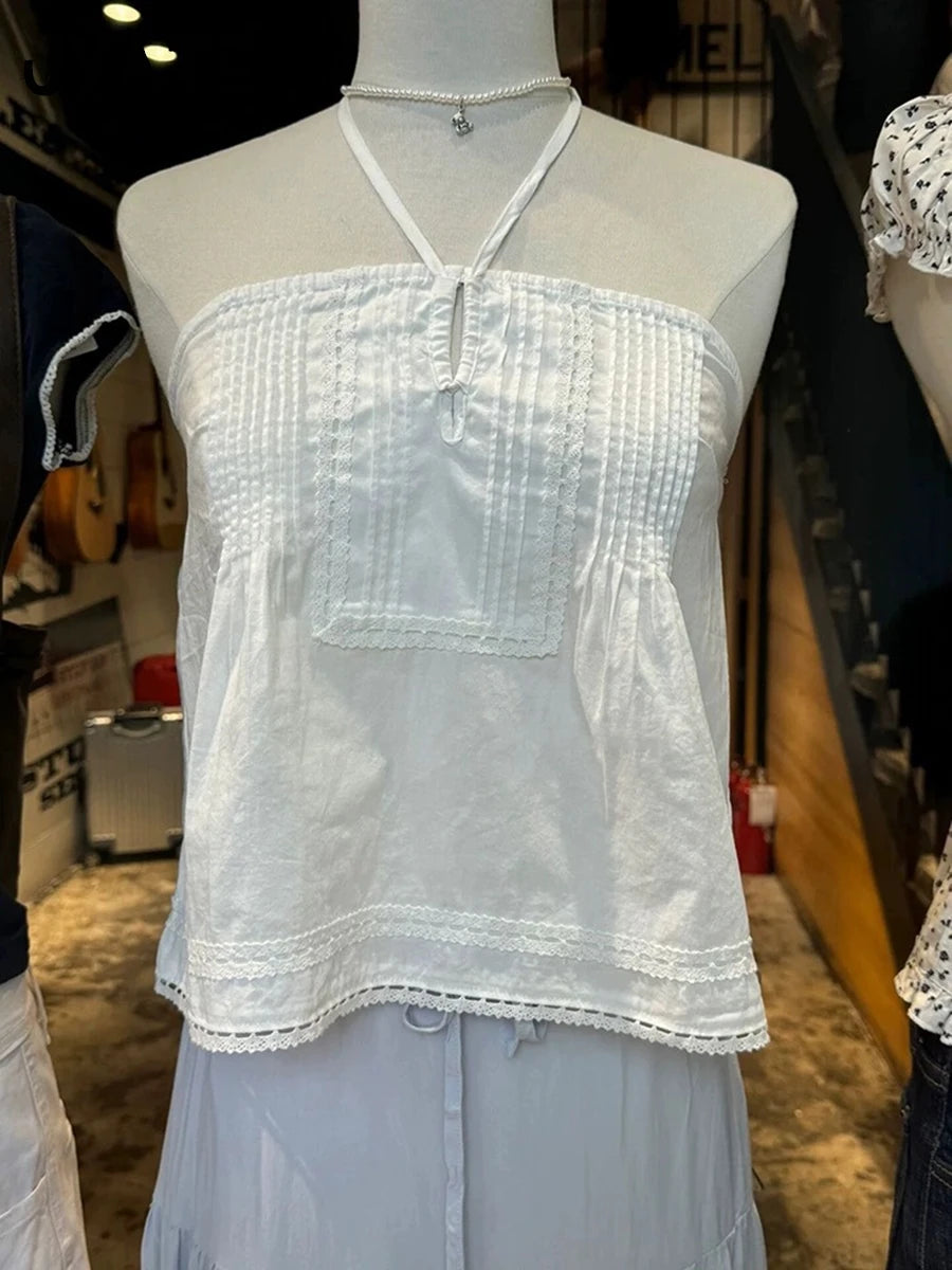 White Sheer Mesh Lace-up Camisole Women New Lace Trim Patchwork Bow Cute Cropped Vests Sweet Preppy Style Blouse Tank Tops Y2K
