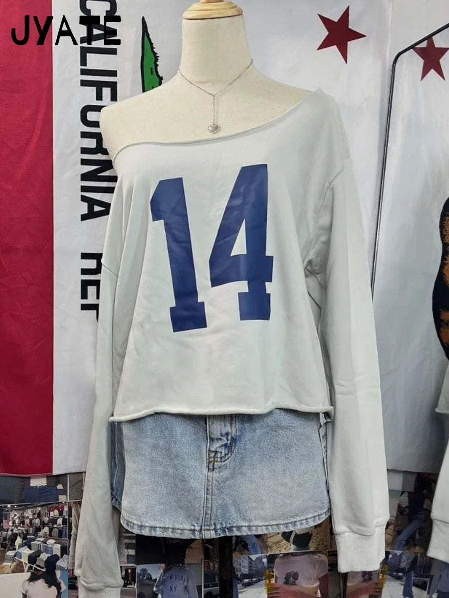 Fashion 14 Print Slash Neck Long Sleeve Tees Women New Cotton Crimping Preppy Style Loose Tops Vintage Chic Sweet T-shirts Y2K