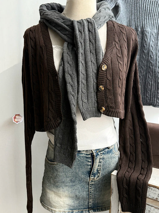 Brown Cropped Knitwear Women Cotton Twisted Flower V-neck Long Sleeve Slim Crop Tops Sweater Vintage Chic Sweater Cardigan Y2K