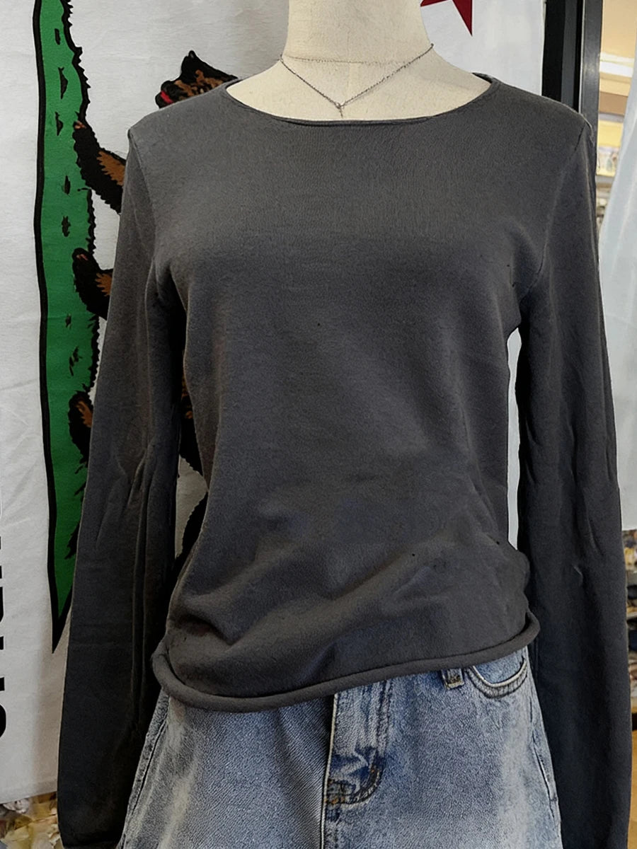 Raw Hem Loose Cropped Sweater Woman Autumn Scoop Neck Long Sleeve Oversized Jumper Vintage Streetwear Cotton Knit Sweaters Y2k