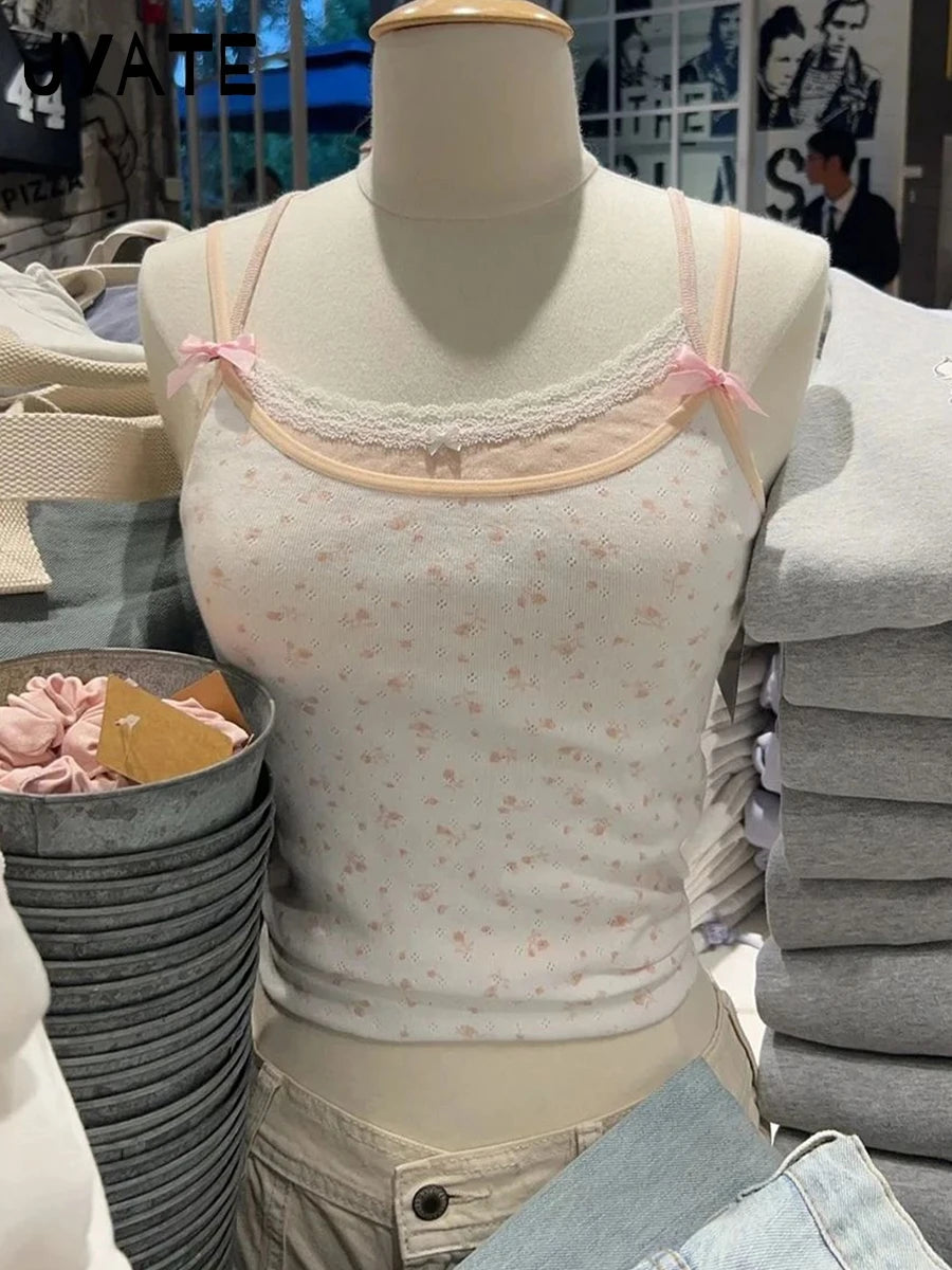Eyelet Floral Print Patchwork Pink Tank Tops Women Summer New Casual Cotton Soft Slim Crop Top Preppy Sweet Cute Chic Camis Y2K