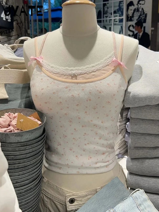 Eyelet Floral Print Patchwork Pink Tank Tops Women Summer New Casual Cotton Soft Slim Crop Top Preppy Sweet Cute Chic Camis Y2K