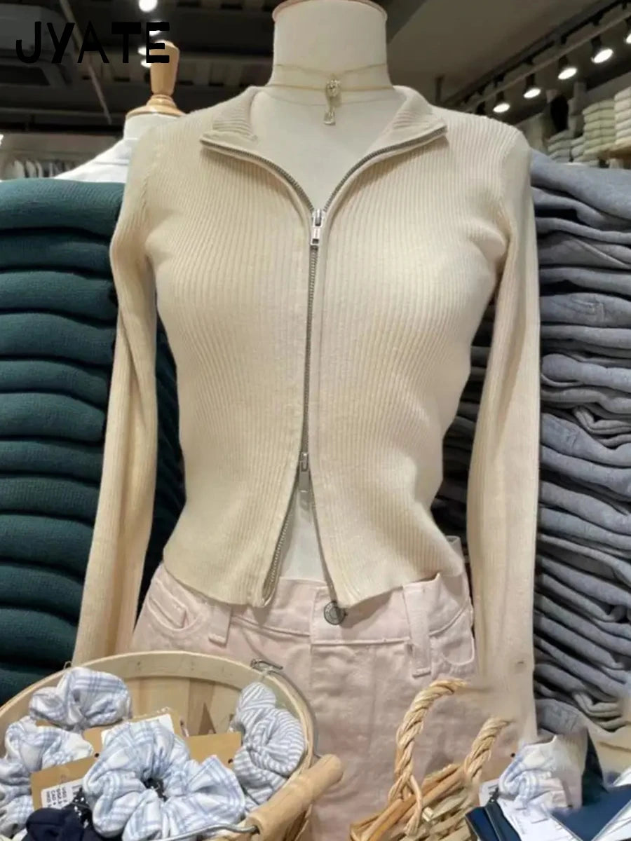 Sweet Slim Knitted Crop Tops Women Casual Cotton Soft O-neck Double Zipped Jumpers Coat Vintage Chic Basic Y2K Cardigan Sweaters