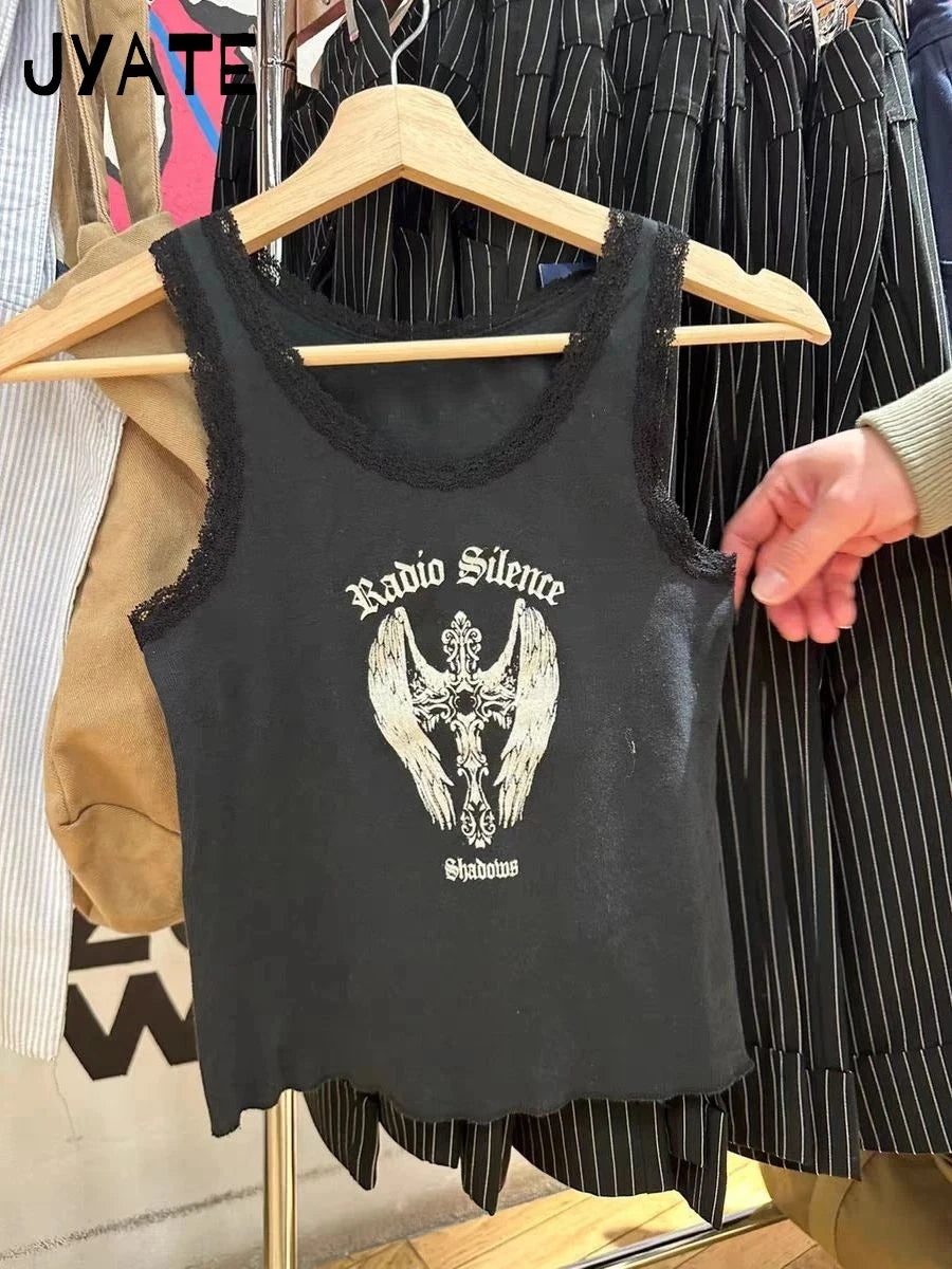 Cross Print Lace Trim Black Tank Tops Women Summer Casual Slim Streetwear Sleeveless Cropped Vests Harajuku Vintage Chic Camis