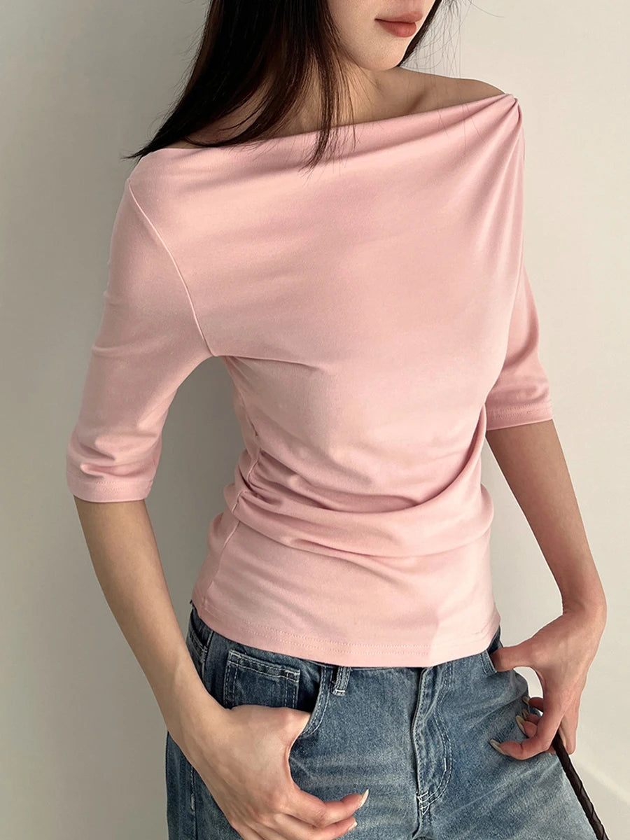 Electric Blue Half Sleeve Tees Women Summer Casual Streetwear Slim Slash Neck Crop Tops Female Vintage Simple Basic T-shirts Y2K