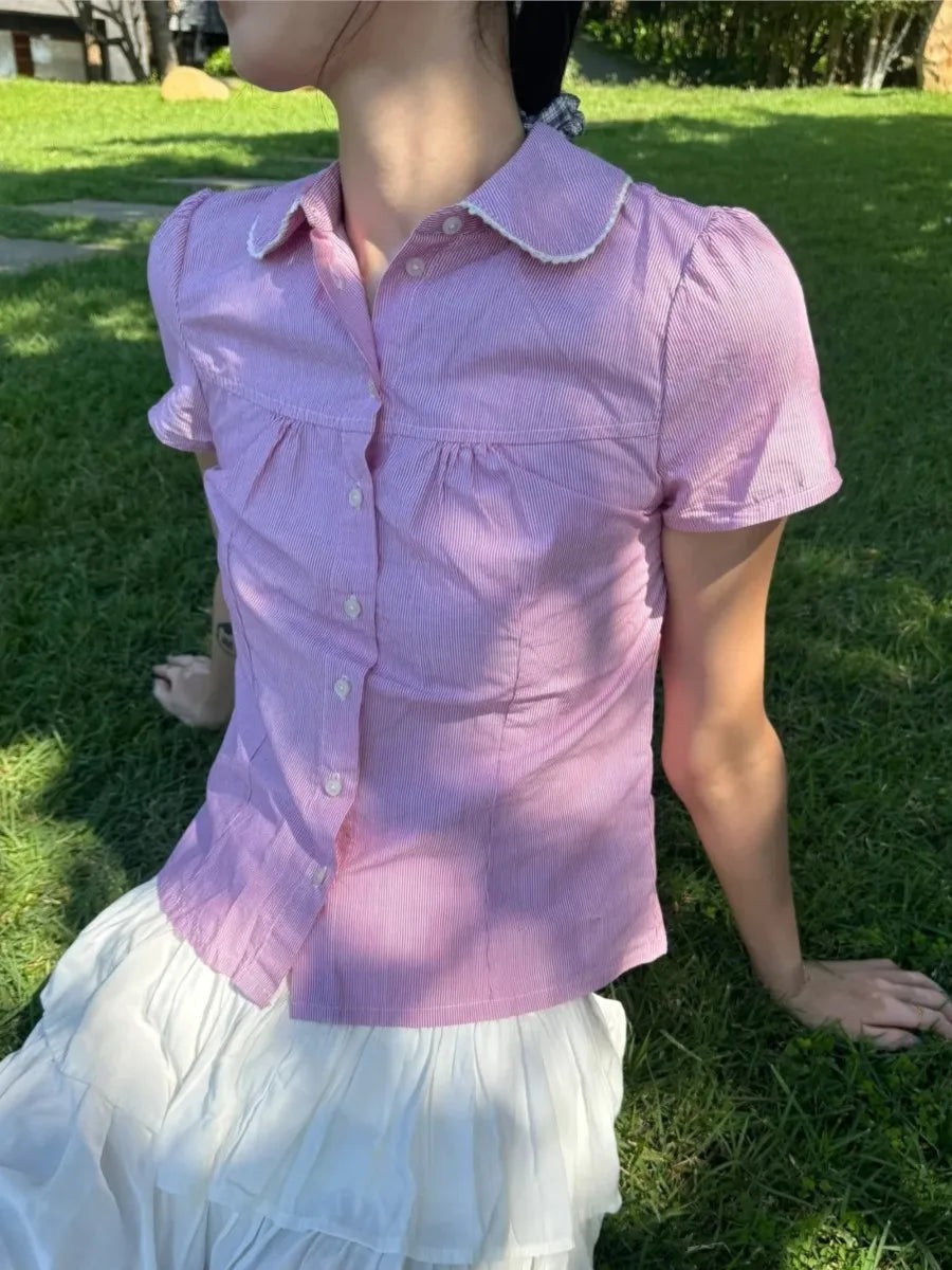 Pink Striped Peter pan Collar Blouse Women Casual Preppy Style Button Short Sleeve Tees Sweet Vintage Cute T-shirts Y2K Tops New