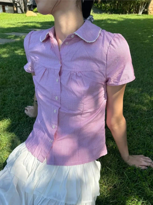 Pink Striped Peter pan Collar Blouse Women Casual Preppy Style Button Short Sleeve Tees Sweet Vintage Cute T-shirts Y2K Tops New