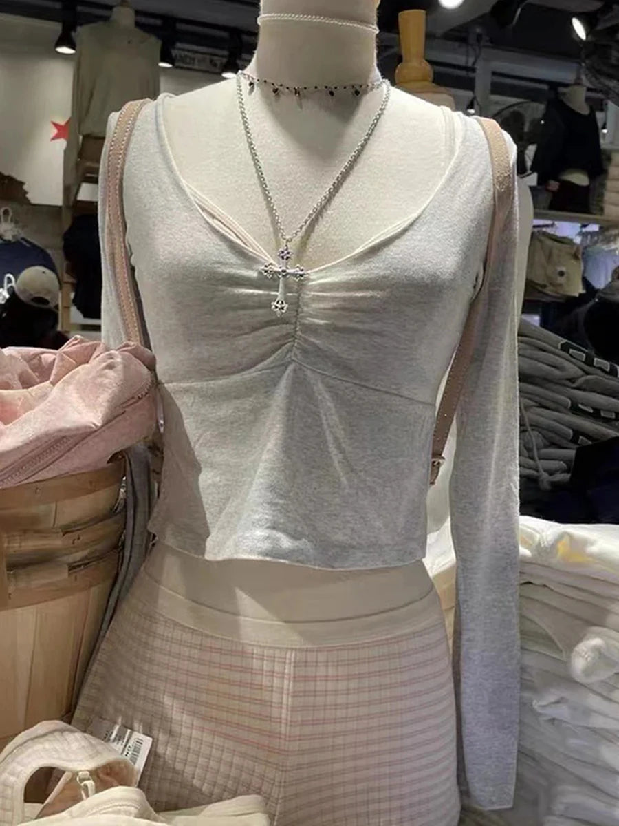 Sweet Gray Folds V-neck Slim Long Sleeve Tees Women Spring New Cotton Soft Simple Basic Crop Tops Vintage Cute Chic T-shirts Y2K