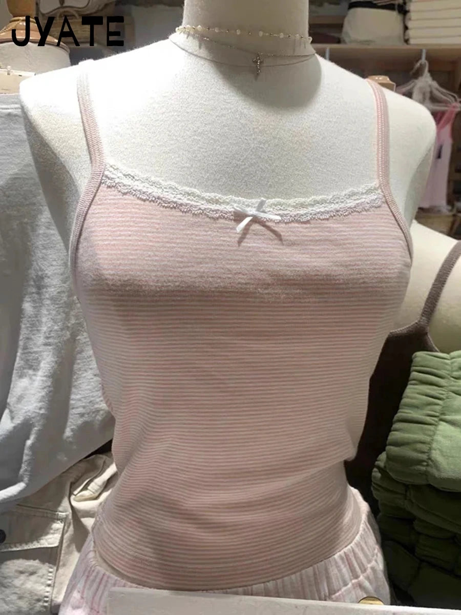 Green Striped Slim Camisole Women Casual Simple All-match Cute Cotton Sleeveless Vests Female Sweet Vintage Chic Tank Tops Y2K