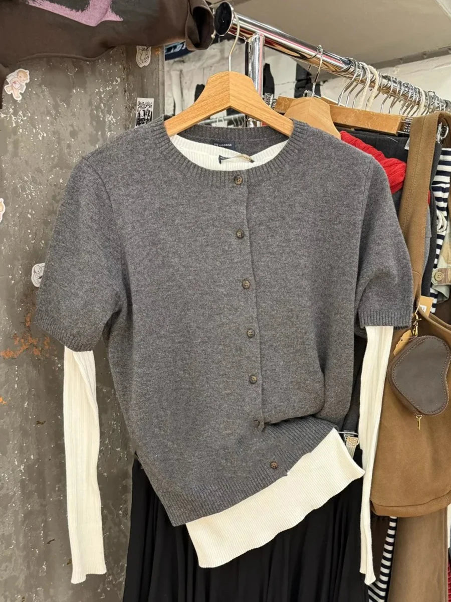 Drak Gray Knitted Short Sleeve Sweater Women Spring Casual Streetwear Single Breasted Jumpers Vintage Chic Preppy Style Cardigan