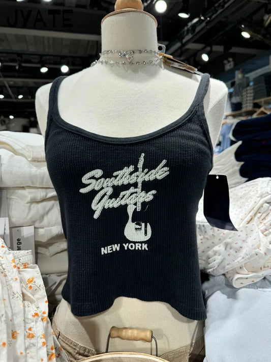 Harajuku Guitar Print Cotton Ribbed Tank Tops Women Casual Slim Classic Black U-neck Cropped Vests Vintage Chic Simple Camisole