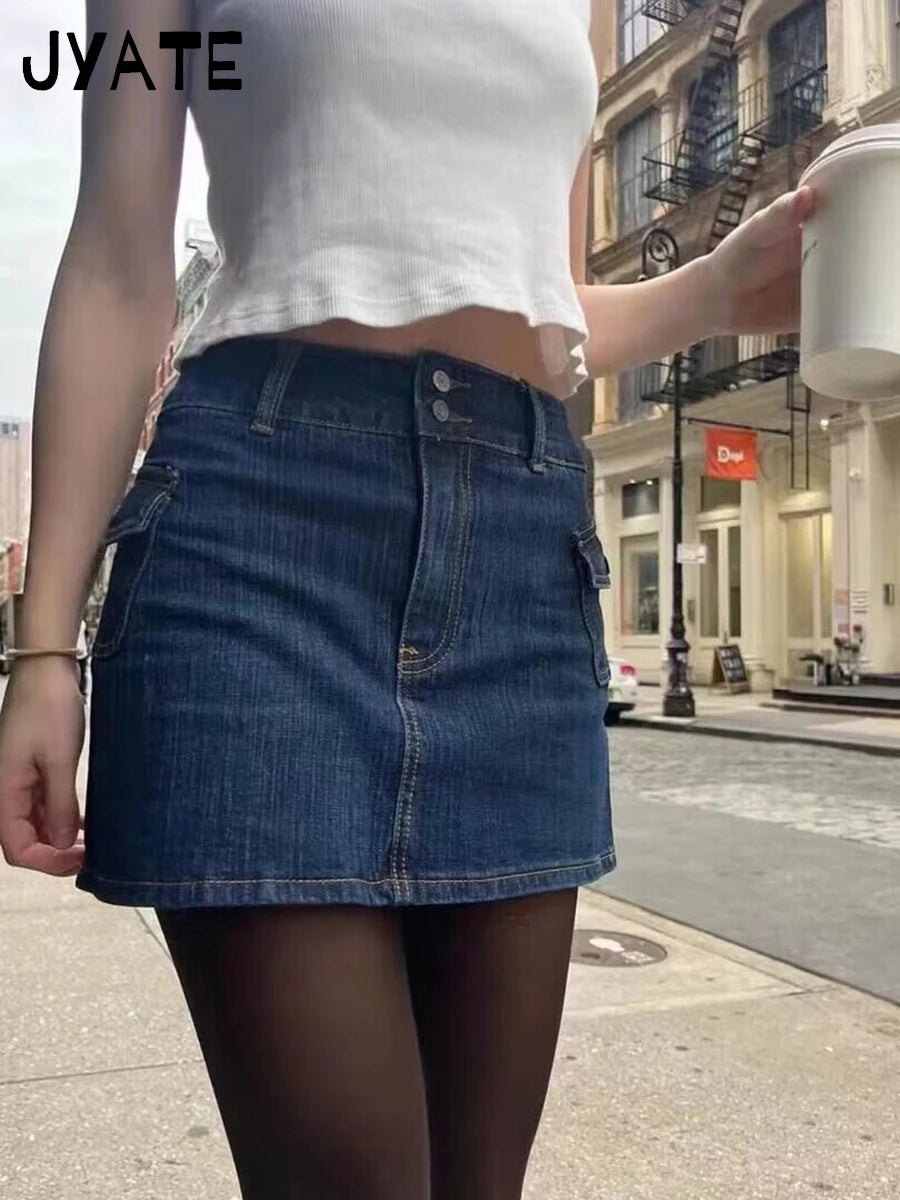 Vintage Solid Pocket Mini Cargo Skirts Women Summer Casual High Waist Denim Slim Skirt Female Streetwear Harajuku Chic Falda Y2K