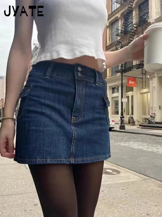 Vintage Solid Pocket Mini Cargo Skirts Women Summer Casual High Waist Denim Slim Skirt Female Streetwear Harajuku Chic Falda Y2K