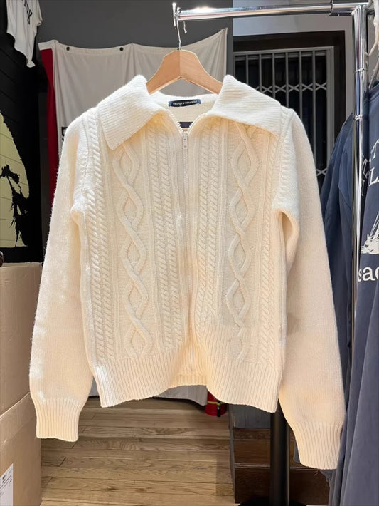 Autumn Twisted Flower Knitted Sweater Cardigan Woman Turn Down Collar Zipper Long Sleeve Coat Sweet Cute Y2k Sweaters Tops