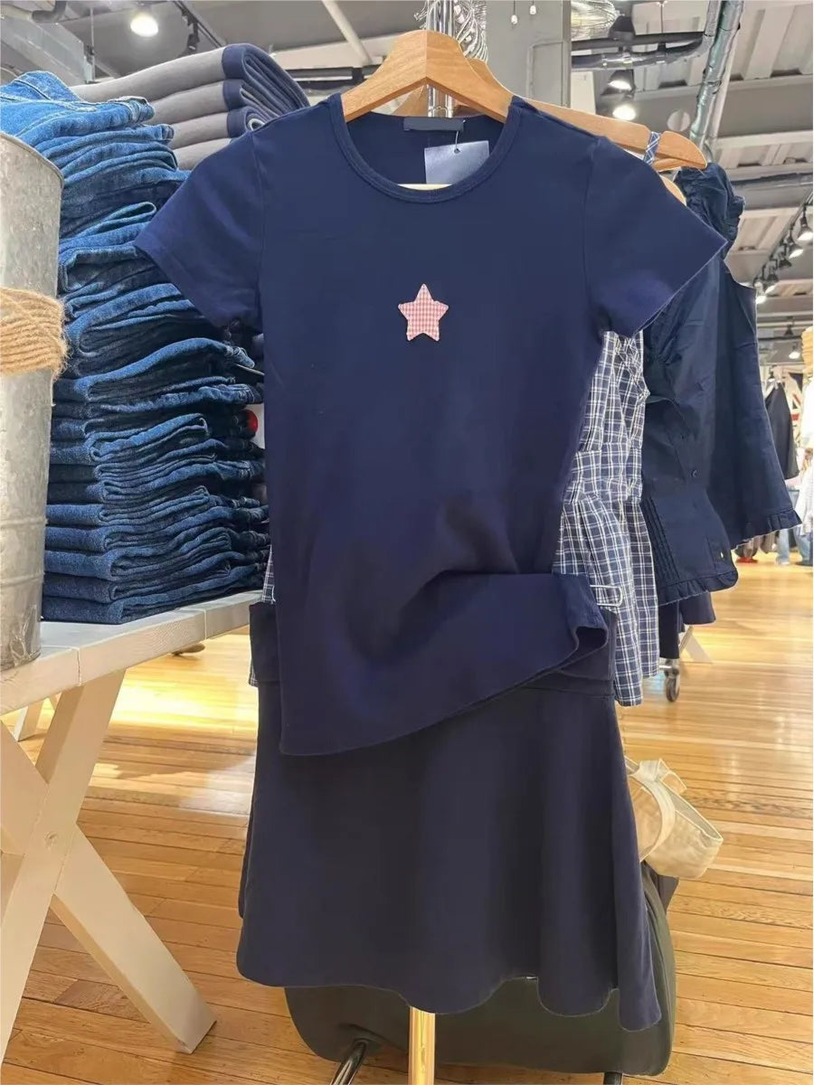 Star Appliques Navy T-shirt Women Summer Cotton O-neck Short Sleeve Tee Shirts Female Sweet Cute Preppy Style Tshirt Y2K Tops