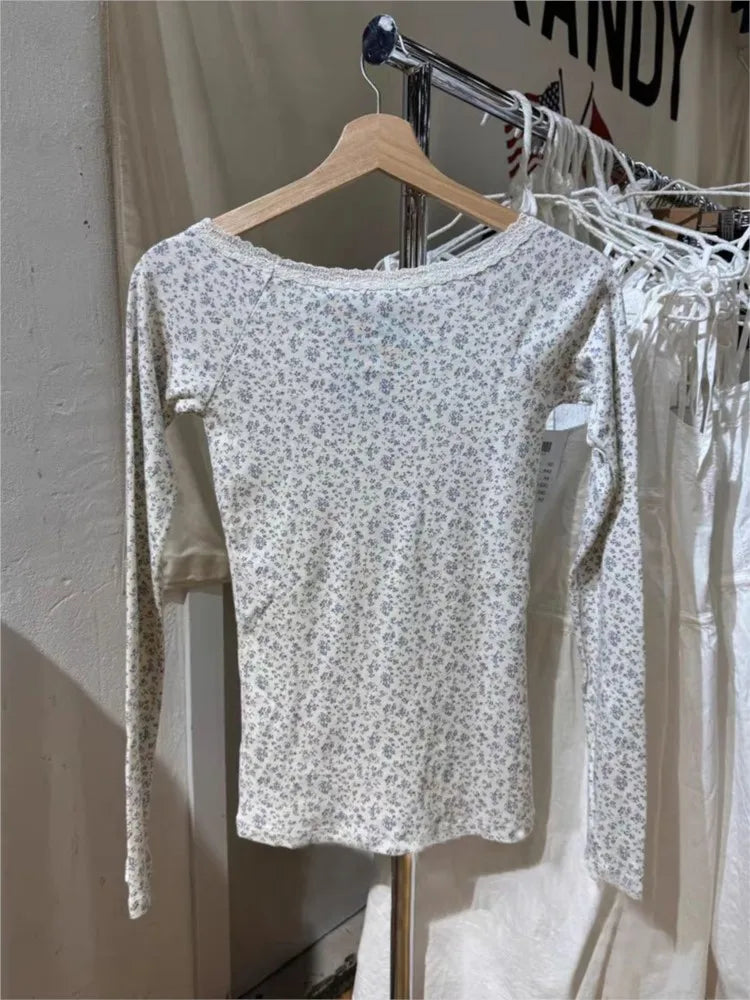 Sweet Floral Lace Trim Long Sleeve T-shirt Women Autumn Sexy Scoop Neck Cotton Slim Tees Vintage Streetwear Chic Tshirt Y2K Tops