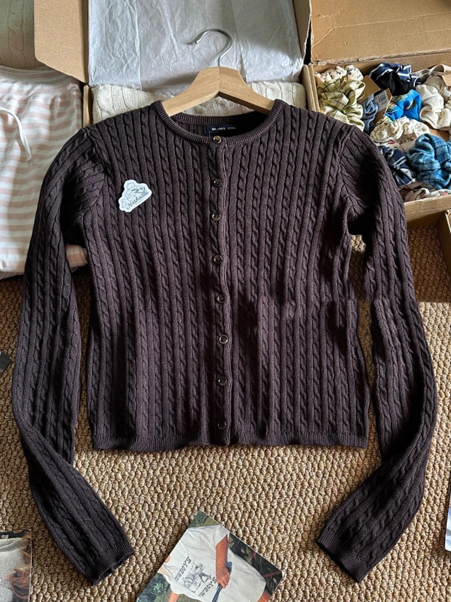 Twist flower Knitted Sweater Cardigan Crew Neck Single Breasted Long Sleeve Slim Coat Vintage Streetwear Simple Crop Top Y2K