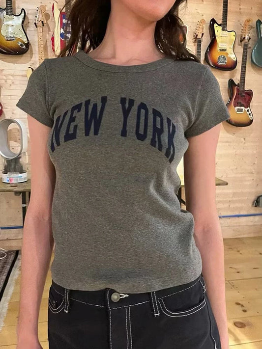 Vintage Basic Letter Print Cotton Crop Tops Women Summer O-neck Simple Gray Short Sleeve Tees Female Harajuku Chic Y2K T-shirts
