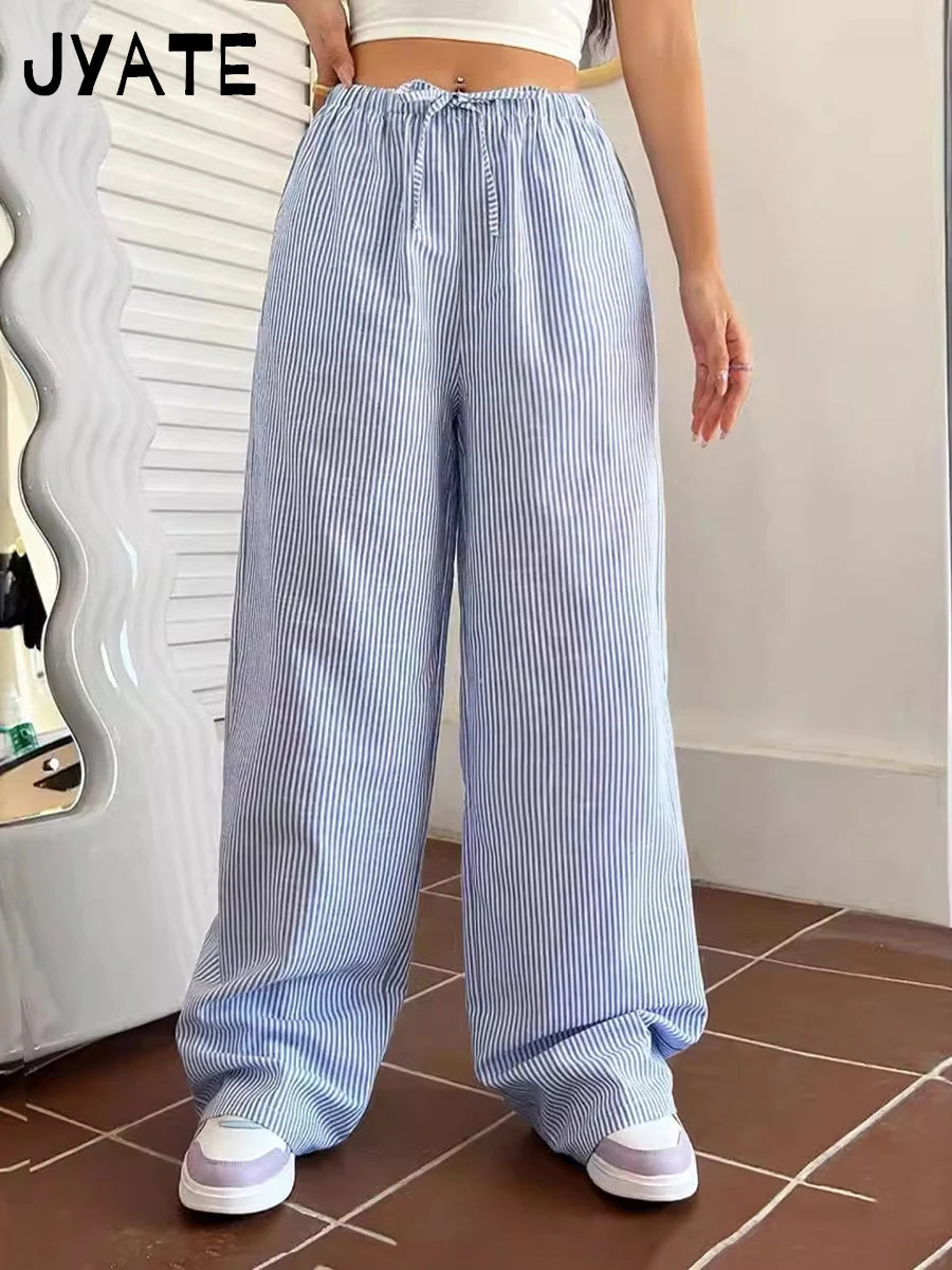 Pink Striped Casual Drawstring Long Pants Women Summer New Chic Streetwear Classic Straight Pant Sweet Cute Vintage Trousers Y2K
