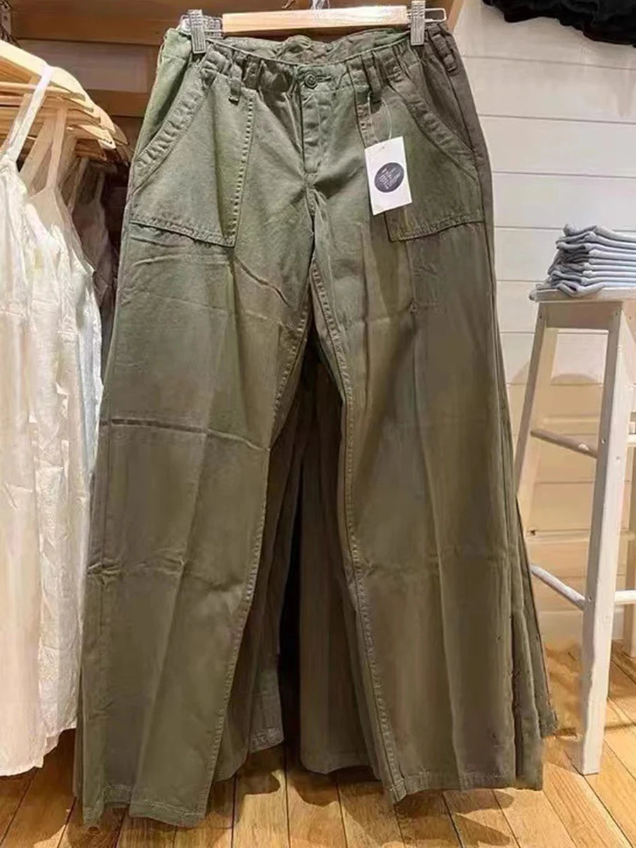 Army Green Retro Pockets Low Waist Straight Pants Women Spring Streetwear Casual Cargo Pant Vintage Harajuku Baggy Y2K Trousers