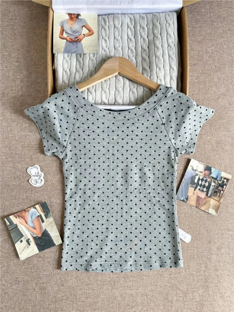 Polka Dot Gray Slash Neck T-shirt Women Casual Preppy Style Slim Short Raglan Sleeve Cotton Tee Shirts Vintage Sweet TshirtsY2K