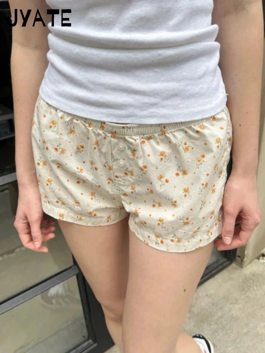 Floral Print Buttons Shorts Pant Women Summer Cotton Simple Elastic High Waist Home Underwear Casual Streetwear Chic Shorts Y2K