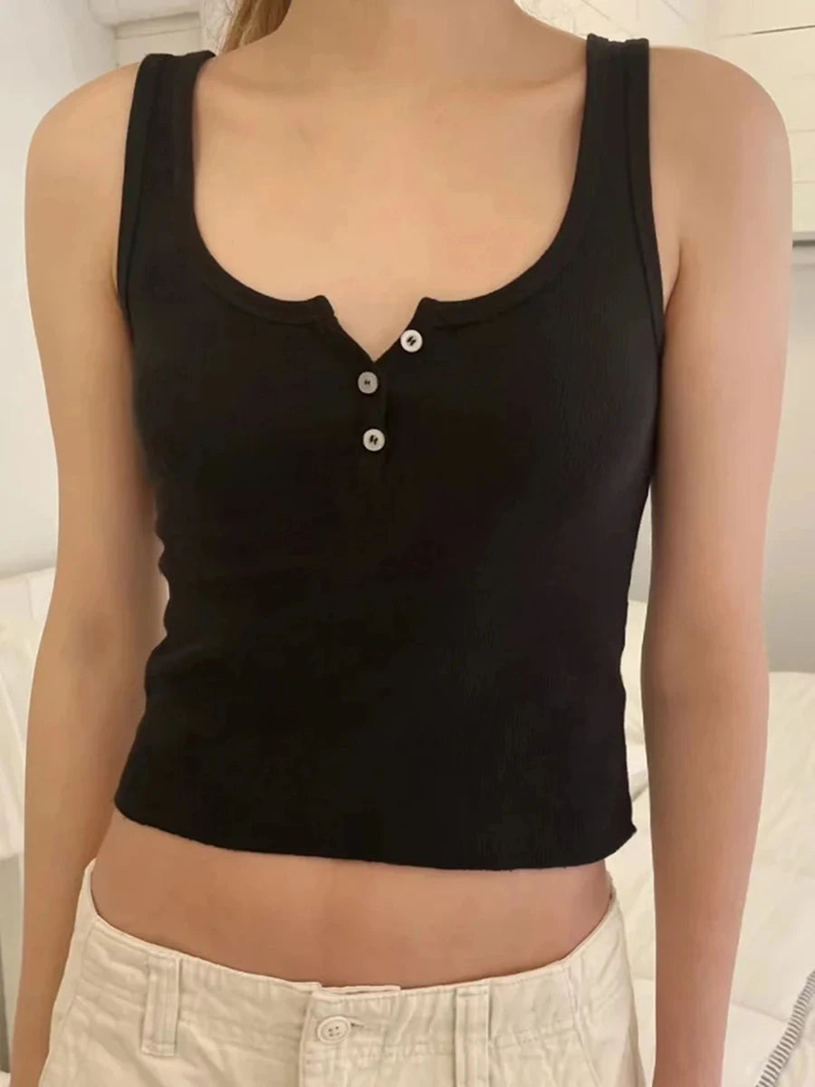 Fashion Solid Buttons Waffle Tank Tops Women Summer New Casual Cotton Raw Hem Slim Vests Female Y2K Streetwear Vintage Camisole
