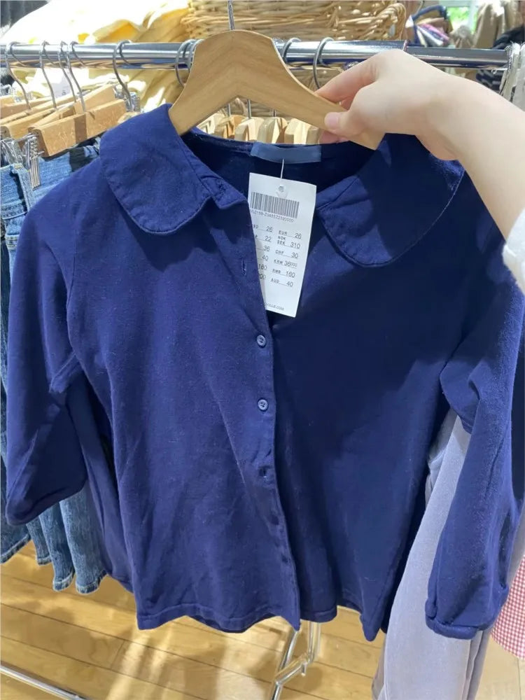 Cute Navy Button BabyDoll Tops Women New Cotton Casual Turn-down Collar Half Sleeve Tees Female Y2K Sweet Preppy Style T-shirts
