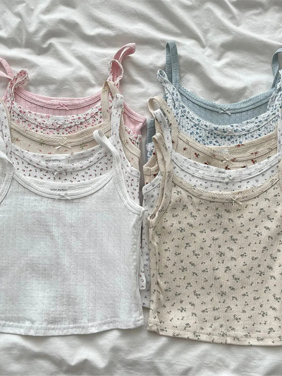 Lace Trim Solid Slim Eyelet Tank Tops Women Summer New Bow Preppy Style Sleeveless Vests Basic Sweet Cute Camisole Y2K Clothes