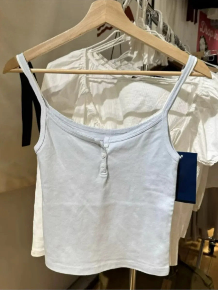 Sweet Blue Buttons Slim Tank Top Women Summer New Sweatwear Casual Sleeveless Cotton Slim Camis Cute Simple Basic Vest Tops Y2K