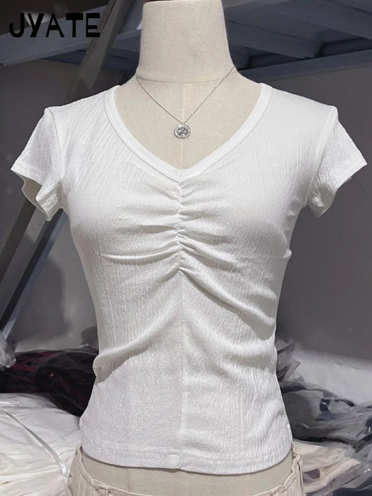 Sexy Slim Folds V-neck T-shirts Women Summer New Cotton Preppy Style Solid Short Sleeve Tees Sweet Cute Vintage Tops Clothes Y2K