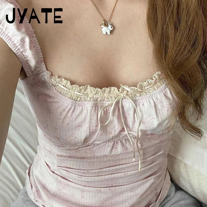 Floral Square Neck Lace-up Tank Tops Women Summer New Casual Preppy Style Slim  Sleeveless Vests Sweet Cute Vintage Camisole Y2K