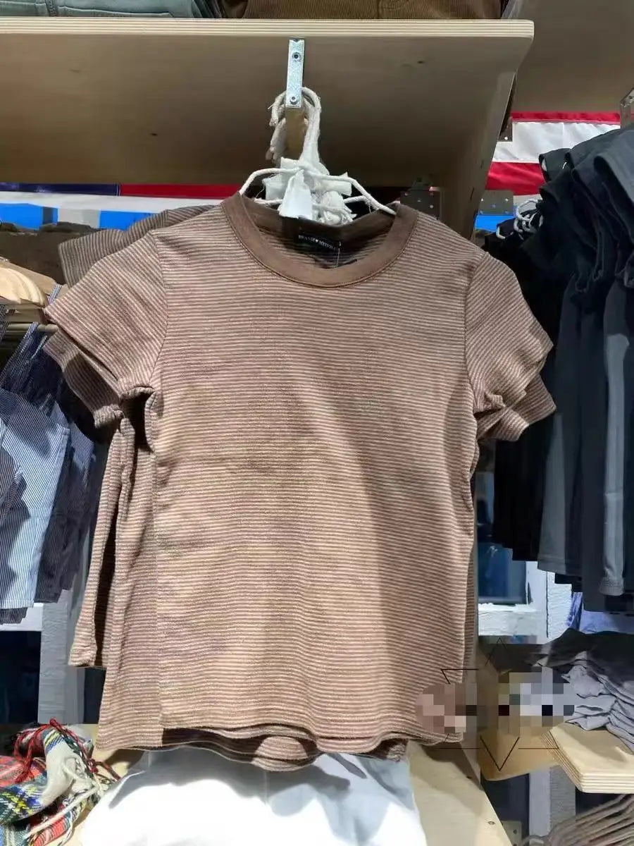 Vintage Striped Slim T-shirt Women Spring New Round Neck Cotton Short Sleeve Tee Shirts Female Cute Preppy Style Y2K T shirts