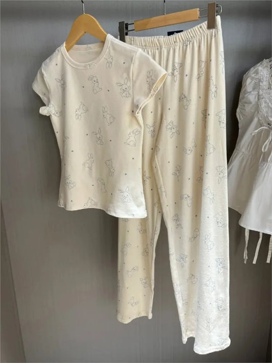 Rabbit Print T-shirts+Eyelet Long Pant Women Summer New Cute Cotton Casual Pajama 2 Piece Set Sweet Vintage Trouser Two Sets Y2K