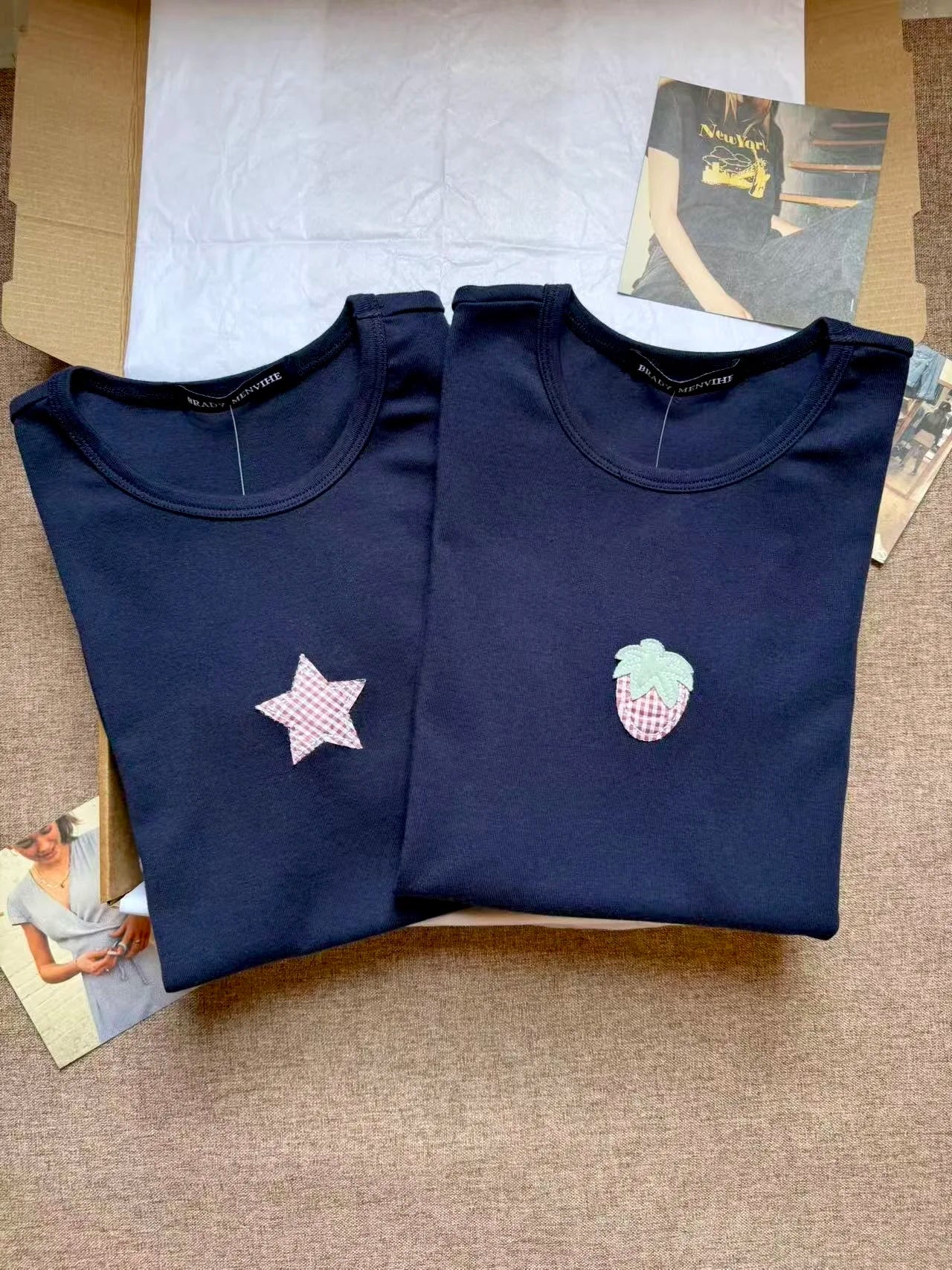 Sweet Strawberry Appliques T-shirt Women Summer Navy Cotton O-neck Short Sleeve Tee Shirts Cute Preppy Style Tshirt Y2K Tops New
